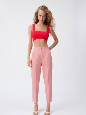 Zara High-Rise Cropped Trousers in Pink